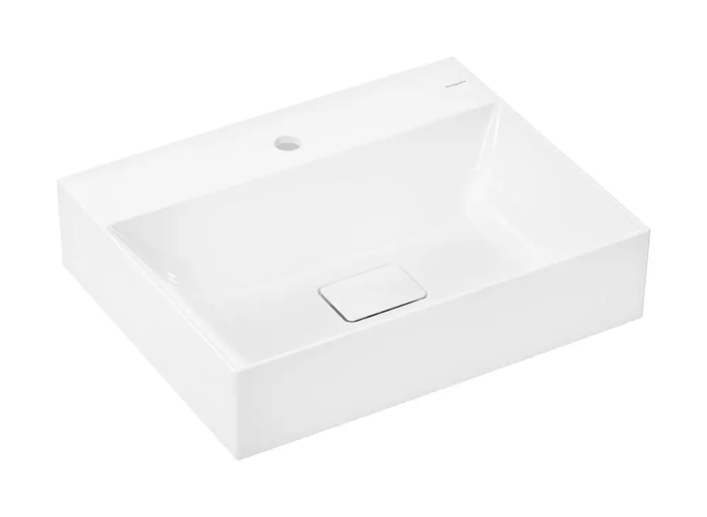 Weißes Waschtischbecken mit rechteckiger Form, Hahnloch und quadratischem Abfluss, gefertigt von Hansgrohe, ohne Überlauf, verspricht einfache Reinigung.